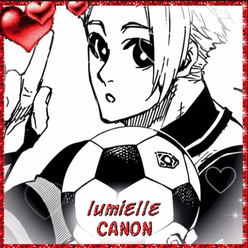 a drawing of a girl holding a soccer ball with the name lumielle canon