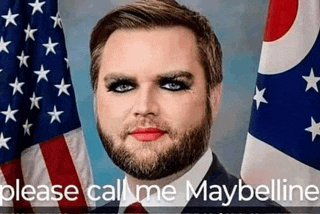 a man with a beard and red lipstick on his face stands in front of an american flag .