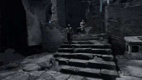a person holding a gold axe in a dark room