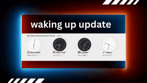 a sign that says waking up update with four clocks