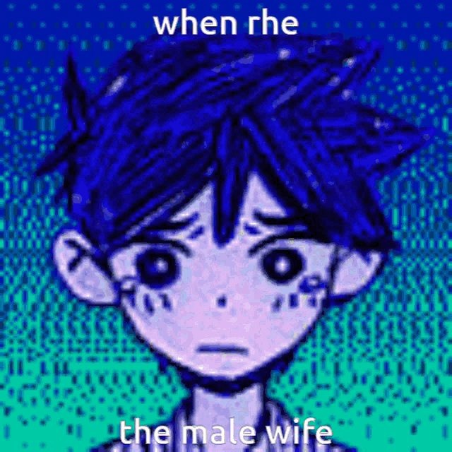 a drawing of a boy with blue hair and the words " when rhe the male wife "