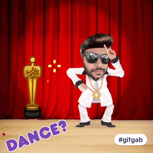 a cartoon of a man dancing in front of a red curtain with the words dance below him