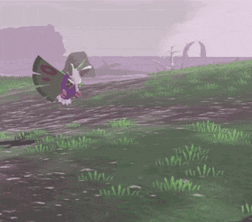 a moth is flying over a grassy field with a body of water in the background .