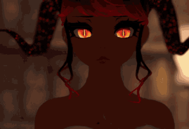a close up of a cartoon character with red eyes and horns