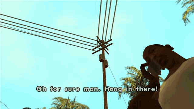 a man talking on a cell phone with the words oh for sure man hang in there written below him