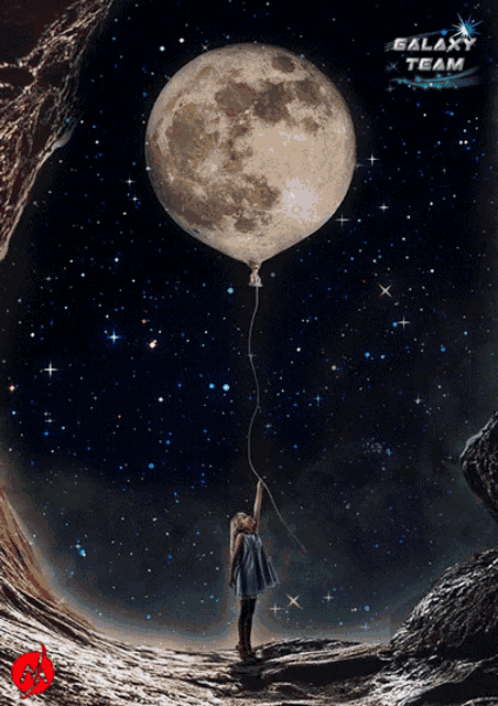 a girl is holding a balloon in front of a full moon with galaxy team written on the bottom right