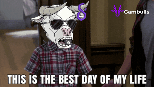 a cartoon of a cow wearing sunglasses with the words " this is the best day of my life " below it