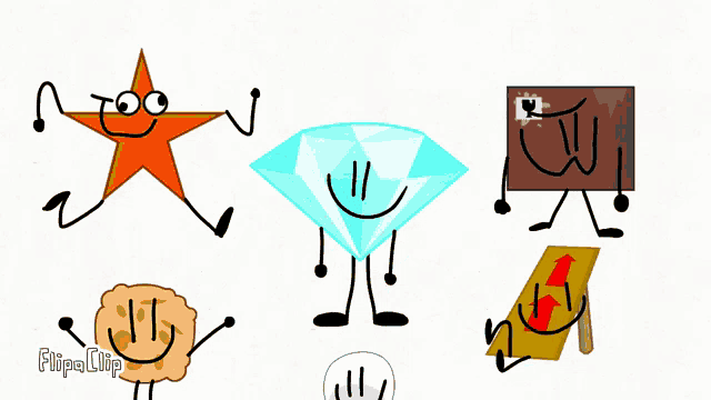 a group of cartoon characters including a star a diamond a cookie and a sign that says flipa clip