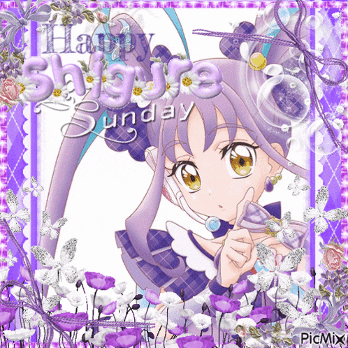 a picture of a girl with purple hair and the words happy shigure sunday on it
