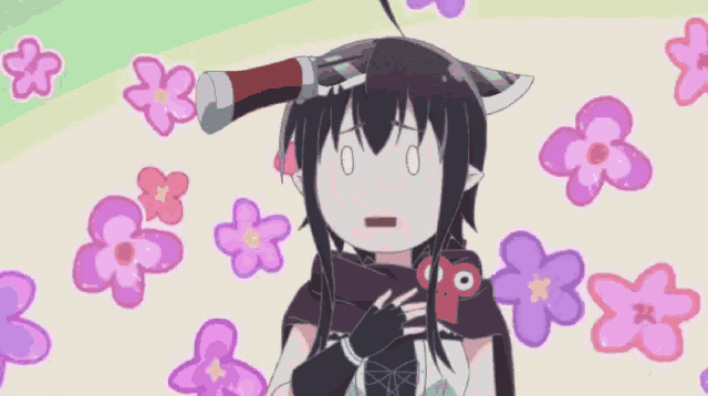a girl with a knife in her head is surrounded by flowers .