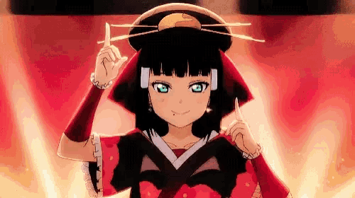 a girl in a kimono is pointing her finger up .