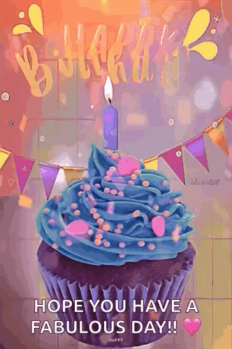 a birthday cupcake with blue frosting and a candle on top