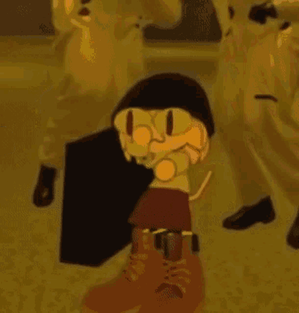 a cartoon character is holding a suitcase and wearing a hat and boots .