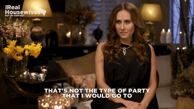 a woman sitting on a couch with the words that 's not the type of party that i would go to below her