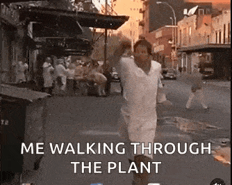 a man is walking through a city street with the words `` me walking through the plant '' written on the screen .