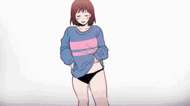 a drawing of a girl wearing a blue and pink striped sweater