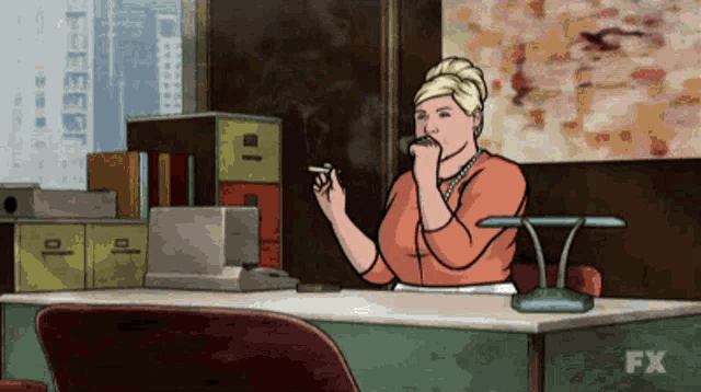 a cartoon of a woman smoking a cigarette in an office