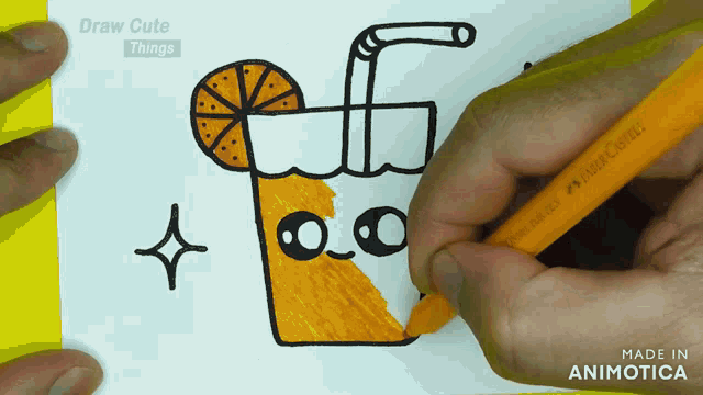 a person is drawing an orange drink with a straw on a yellow paper
