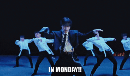 a group of men are dancing with the words in monday written below them