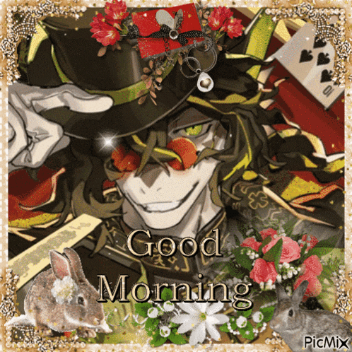 a picture of a man in a top hat with the words good morning written below him