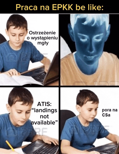 a picture of a boy sitting at a desk with a laptop and the words praca na epkk be like