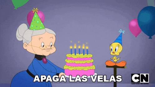 an advertisement for cartoon network shows an elderly woman and tweety celebrating a birthday