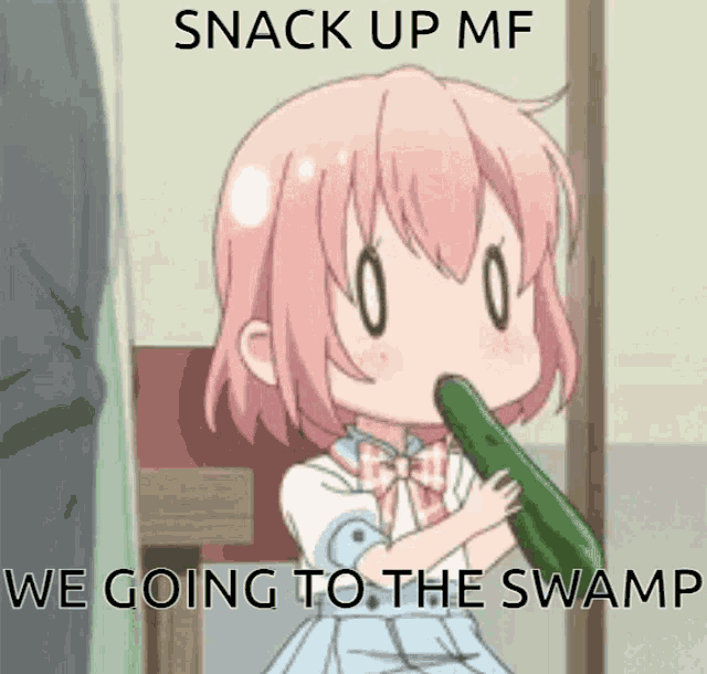 a girl is holding a cucumber in her mouth and says snack up mf we going to the swamp .