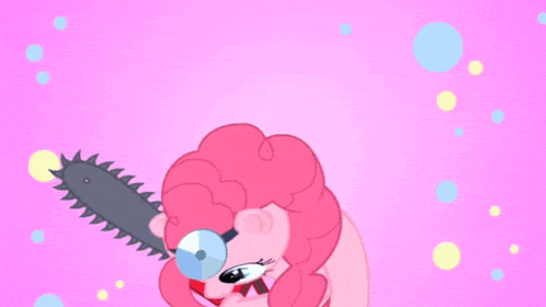 pinkie pie from my little pony holding a chainsaw in her hand