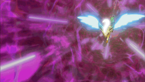 a purple background with a cartoon character flying through it