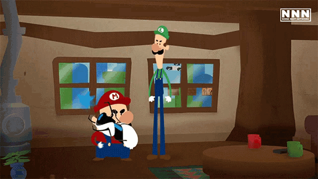 a cartoon of mario and luigi standing next to each other with nnn written on the bottom