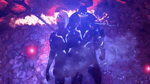 a couple of people standing in a dark room with purple lights