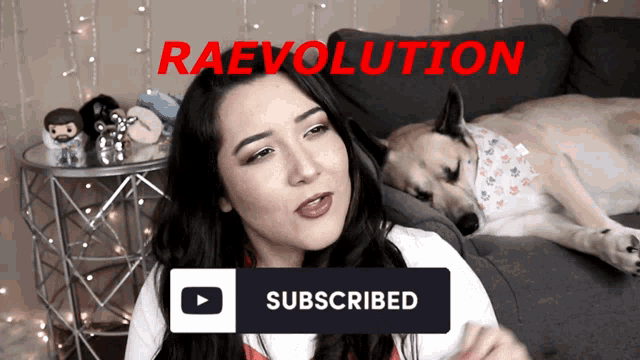 a woman sitting on a couch next to a dog with the words raevolution written above her