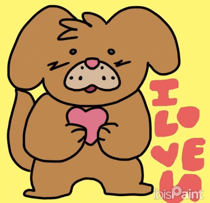 a drawing of a dog holding a pink heart with the words i love you on the bottom