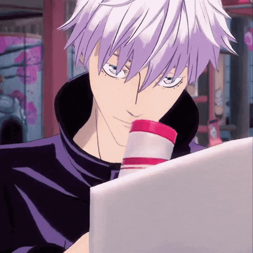 a man with purple hair is drinking from a red and white striped cup