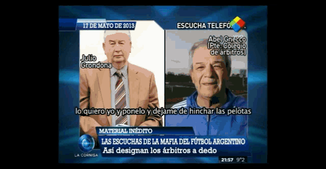 a television screen shows two men and the date 17 de mayo de 2013 at the top