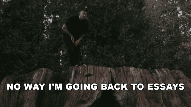 a man sits on a tree stump with the words " no way i 'm going back to essays "