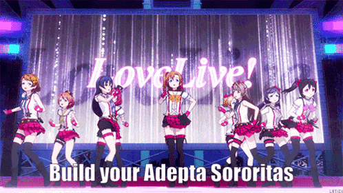 a group of anime girls are dancing on a stage in front of a screen that says love live