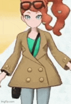 a cartoon girl wearing a trench coat and sunglasses is standing in front of a yellow background .
