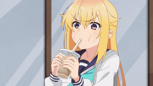 a blonde anime girl drinking through a straw from a plastic cup