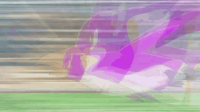 two purple and white penguins are flying over a field