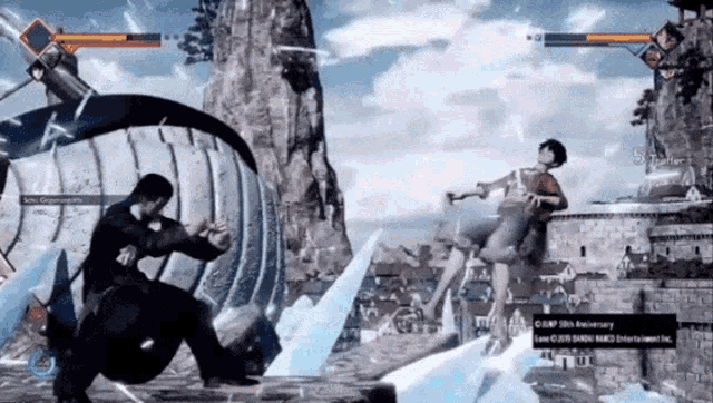 a video game is being played on a computer and shows a man kicking another man in the face