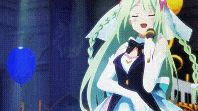 a girl with green hair is singing into a microphone while holding a microphone .