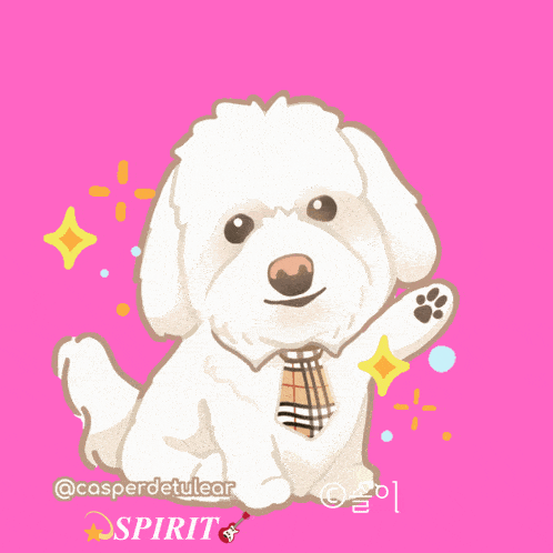 a cartoon of a white dog with a plaid tie on a pink background that says spirit