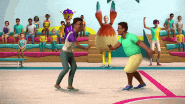 a man in a green shirt is dancing with another man in a green shirt