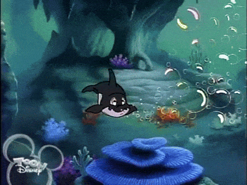 a cartoon of a dolphin swimming in the ocean with a disney logo in the corner
