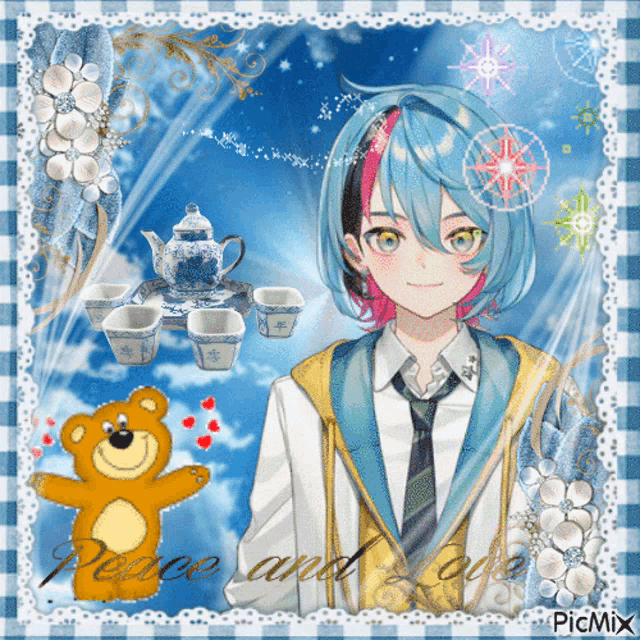 a picture of a girl with blue hair and a teddy bear with the words peace and love on it