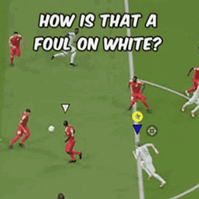 a group of soccer players on a field with the words how is that a foul on white on top