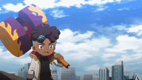 a cartoon character is holding a large purple and yellow block with flames on it