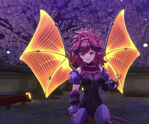 a video game character with purple and orange wings is standing in front of a cherry blossom tree