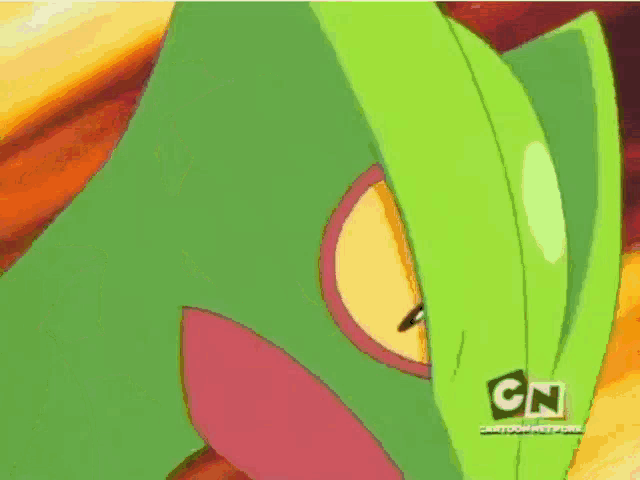 a green and pink cartoon character with cn on the bottom right